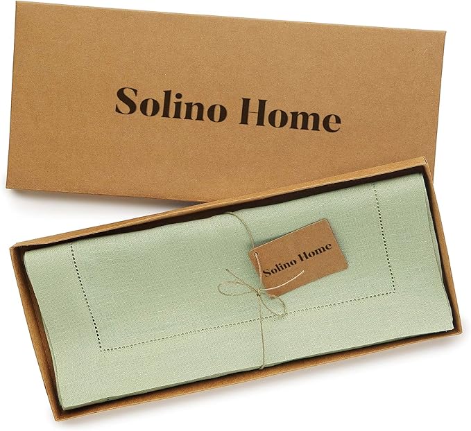Solino Home Linen Sage Green Table Runner 90 Inches Long - 100% Pure Linen Hemstitch 14 x 90 Inch Table Runner for Dining, Fall, Autumn, Thanksgiving, Christmas - Classic Hemstitch