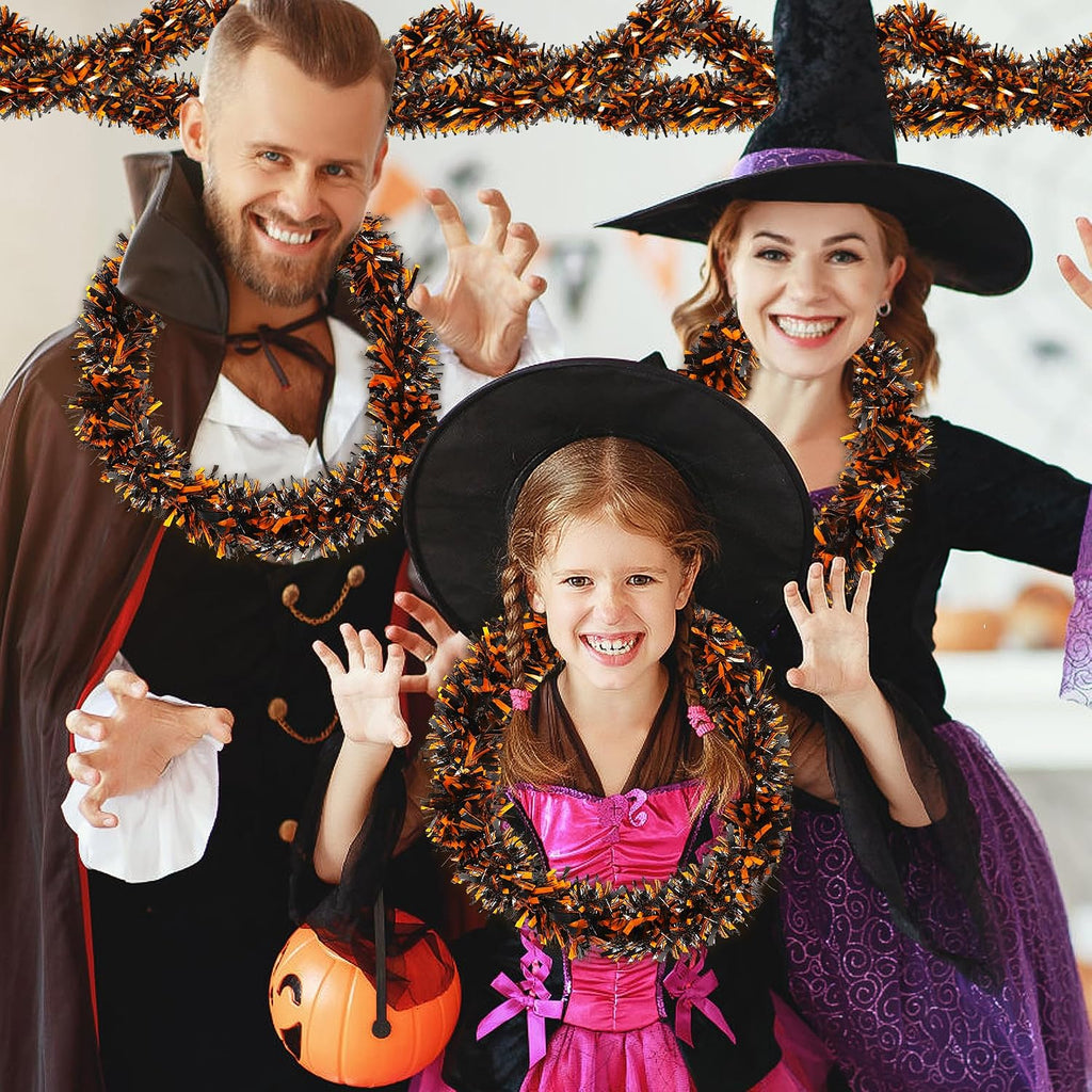 Halloween Decorations, 50FT Halloween Tinsel Garland Shiny Orange Black Metallic Twist Hanging Garland for Indoor Outdoor Home Tree Stairs Party Decorations