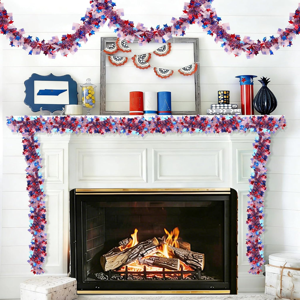 50FT Fourth of July Decorations Red White Blue Star American Flag Tinsel Garland, Glitter Patriotic Garland for Independence Day Memorial Day Decor Indoor Outdoor Patriotic Decor Party Home Classroom