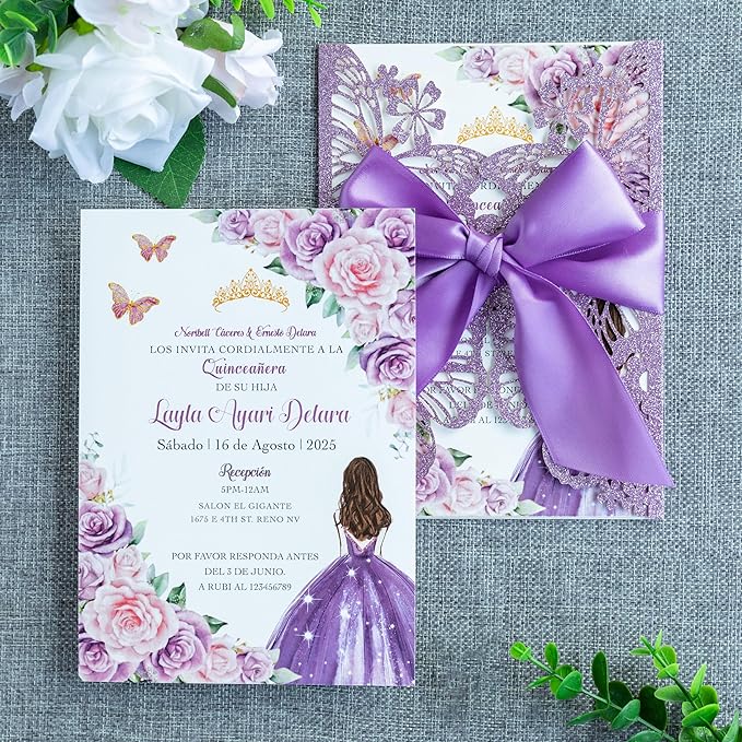 20 PCS 5.12x7.2 Butterfly Quinceanera Invitation, Laser Cut Wedding Invitation Cards with Envelopes for XV Anos Bridal Shower Baby Shower Invite (Purple Glitter)