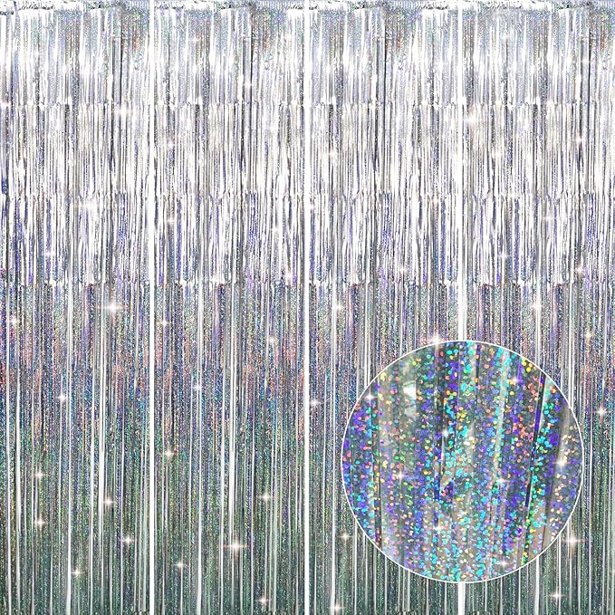 GOER 3.2 ft x 8.2 ft Metallic Tinsel Foil Fringe Curtains Party Photo Backdrop Party Streamers for Birthday,Graduation,New Year Eve Decorations Wedding Decor (4 Packs,Shiny Silver)