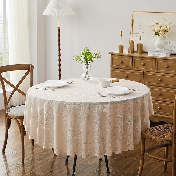LinenZone Round Lace Tablecloth with Elegant Scalloped Bottom for Any Special Event Such as Wedding, Birthday Party, Baby Shower, Anniversary. Sits 4 to 6 People. (Linda 70 Round, Linen)
