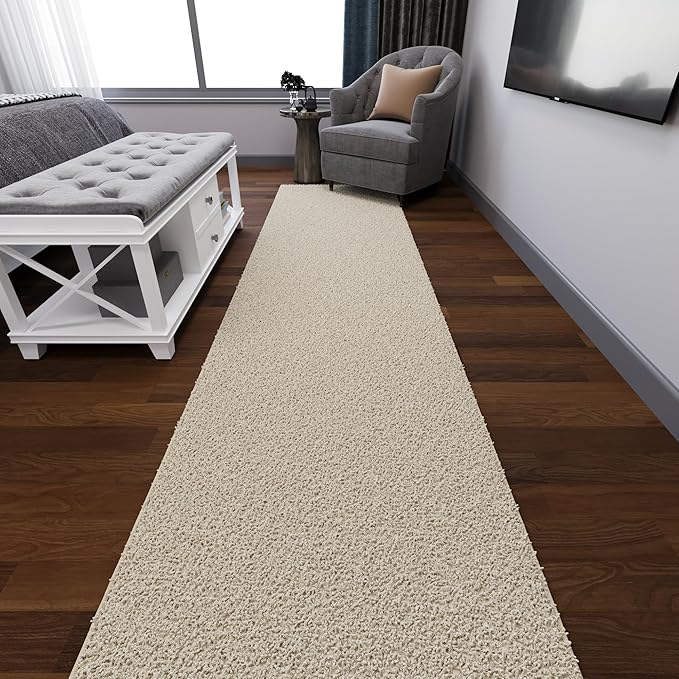Ottomanson 3' x 20' Shaggy Runner Rug - Plush & Cozy Non-Slip Carpet for Bedroom, Living Room, Bathroom & Entryway - Durable & High-Traffic Friendly for Hallways & Dorms, Cream