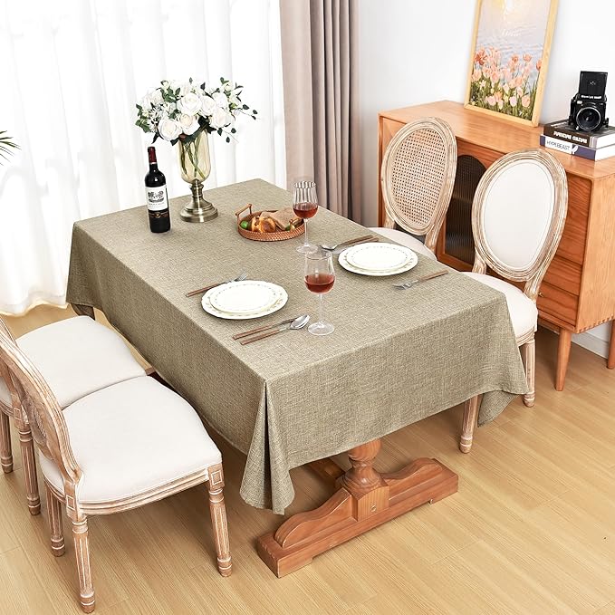 Fitable Faux Linen Table Clothes 60 x 84 Inch - 2 Pack Khaki Tablecloths for Rectangle Tables, Faux Burlap Table Covers for Kitchen Dining, Party, Farmhouse, Baby Shower