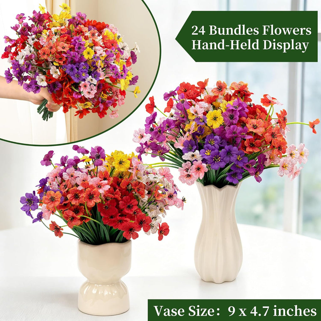 24 Bundles Artificial Flowers for Outdoors/Indoors, Fake Flowers Plants for Indoor Outside Garden Porch Window Box Home Wedding Farmhouse(8 Color)