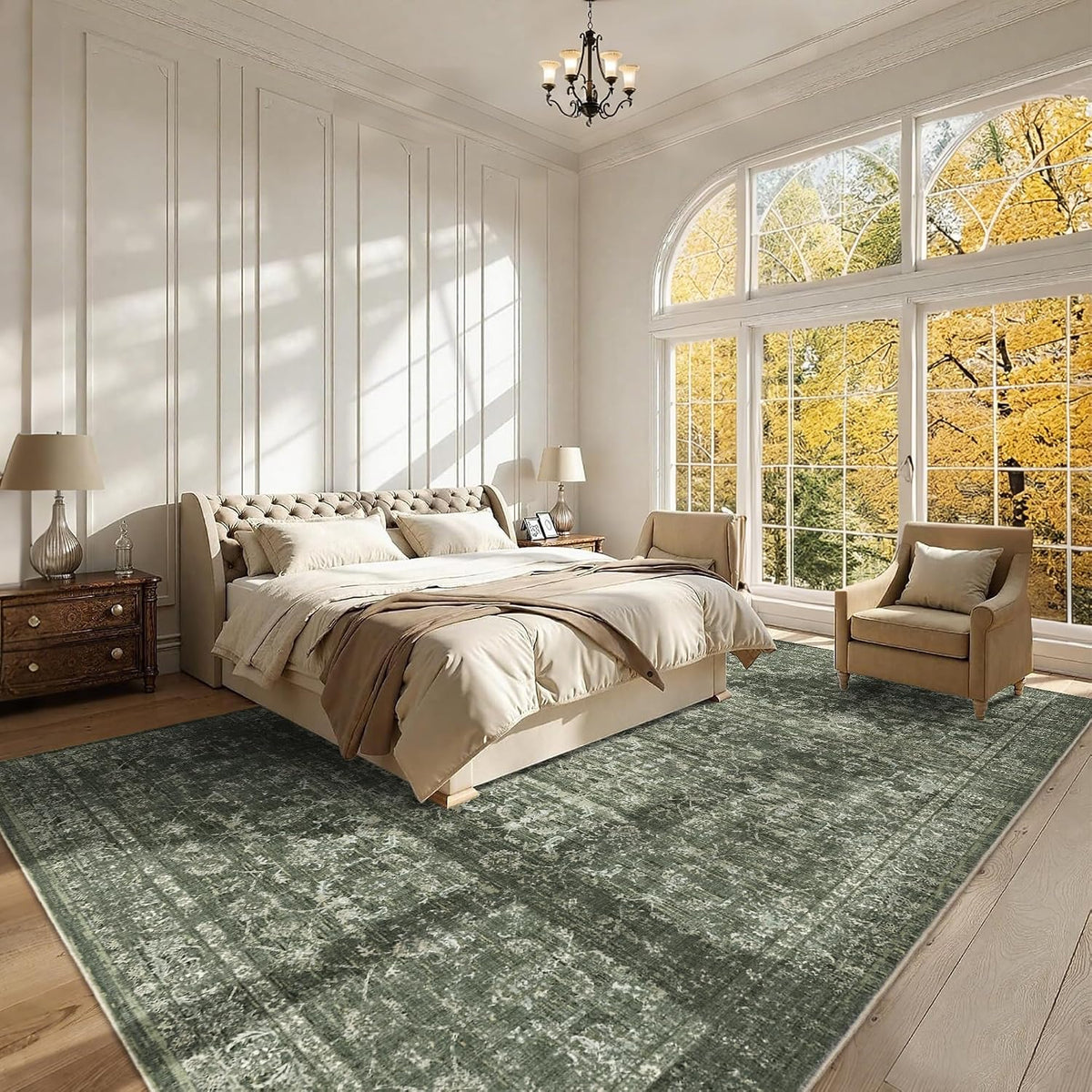 10x14 Washable Living Room Area Rug Soft Boho Dark Green Large Carpet
