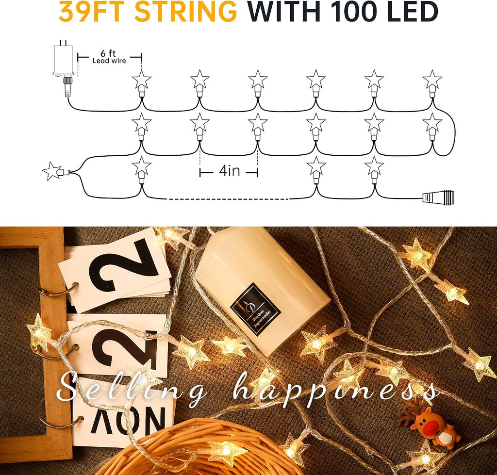 HEYFUNi Warm White Star String Lights,39FT 100LED Plug in Fairy Twinkle Lights with 8 Modes Waterproof for Indoor Christmas Tree, Home, Girls'Room, Garden, Party, Wedding, Classroom Decor(Warm White)