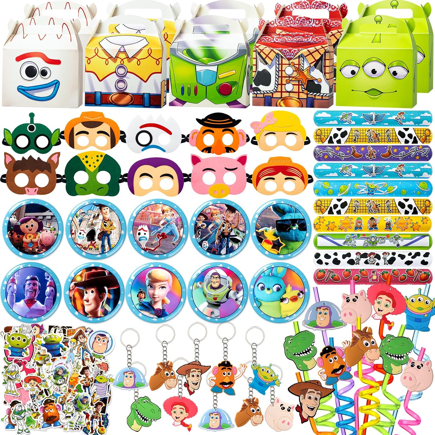Toy Birthday Decorations,110Pcs Party Supplies,Include 10 Circles,10 Pattern Decorations,10 Key Chains,10 Masks,10 Gift Bags,10 Straws and 50 Stickers