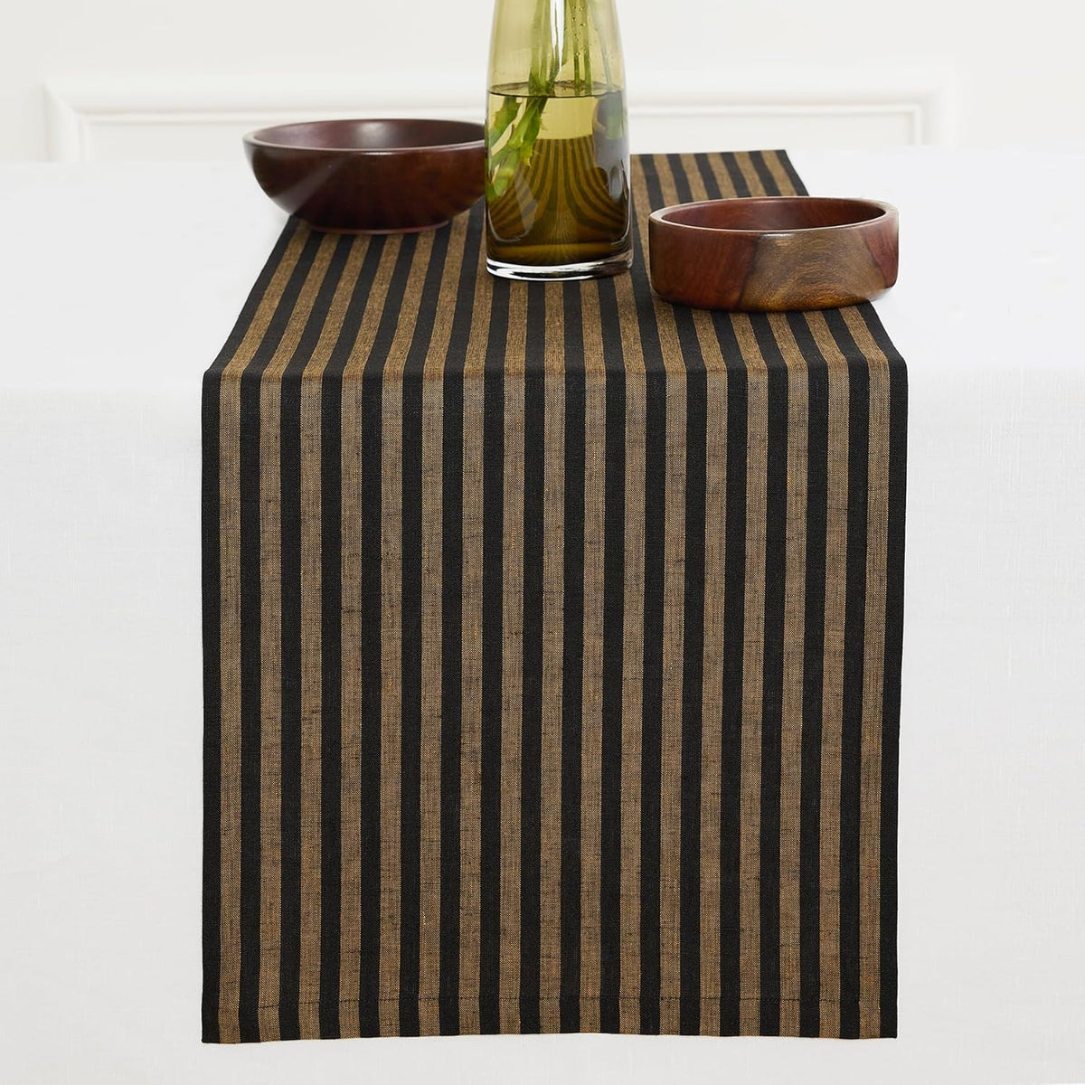 Solino Home 100% Linen Table Runner, 14 x 72 in, Brown and Black Striped