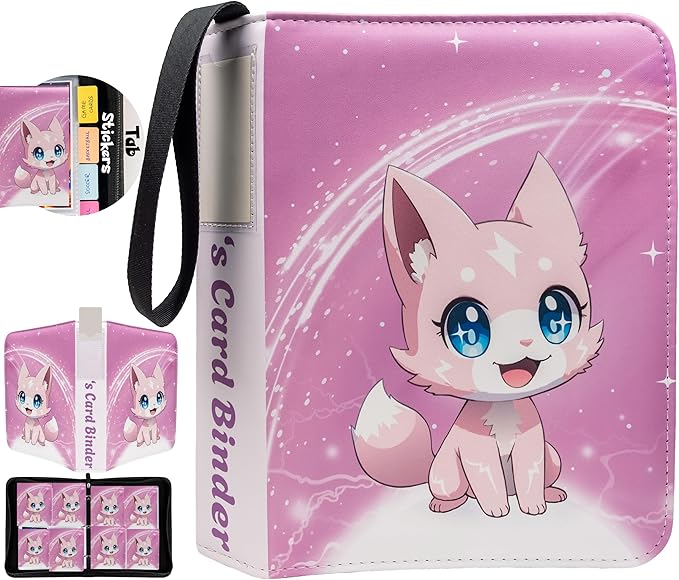 Cute Pink Trading Card Binder 4 Pocket for Girls Gifts - Includes Name Tag & Tab Stickers for Sorting - 440 Pockets Card Binders Zipper Album Book Holder - Baseball Football Sports Tcg Card Case