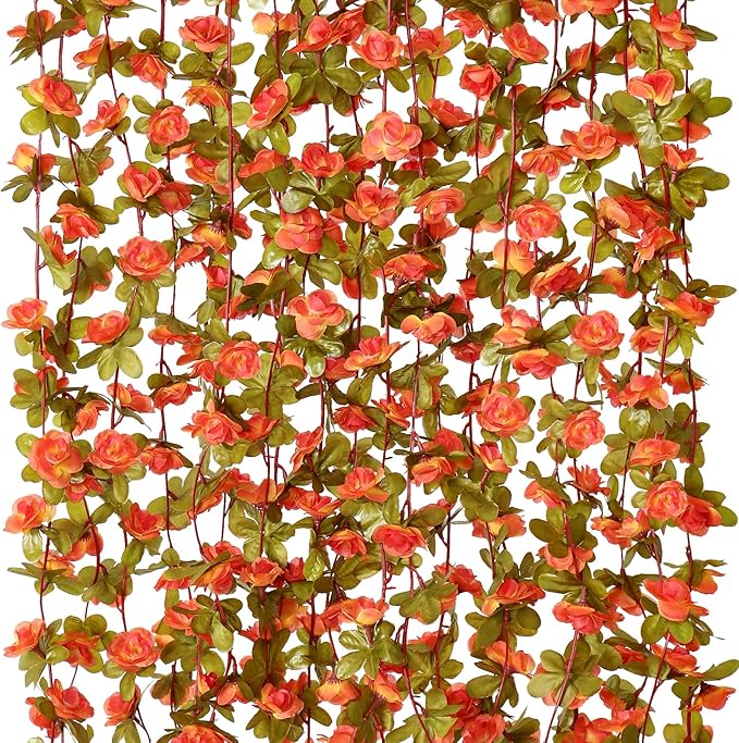 KHOYIME 5 Pack 40 FT Artificial Fall Flower Garland, Fake Orange Roses Vines Silk Flowers Faux Plastic Outdoor Hanging Floral Garland Autumn Decoration for Indoor Table Home Wall Backdrop Room Decor