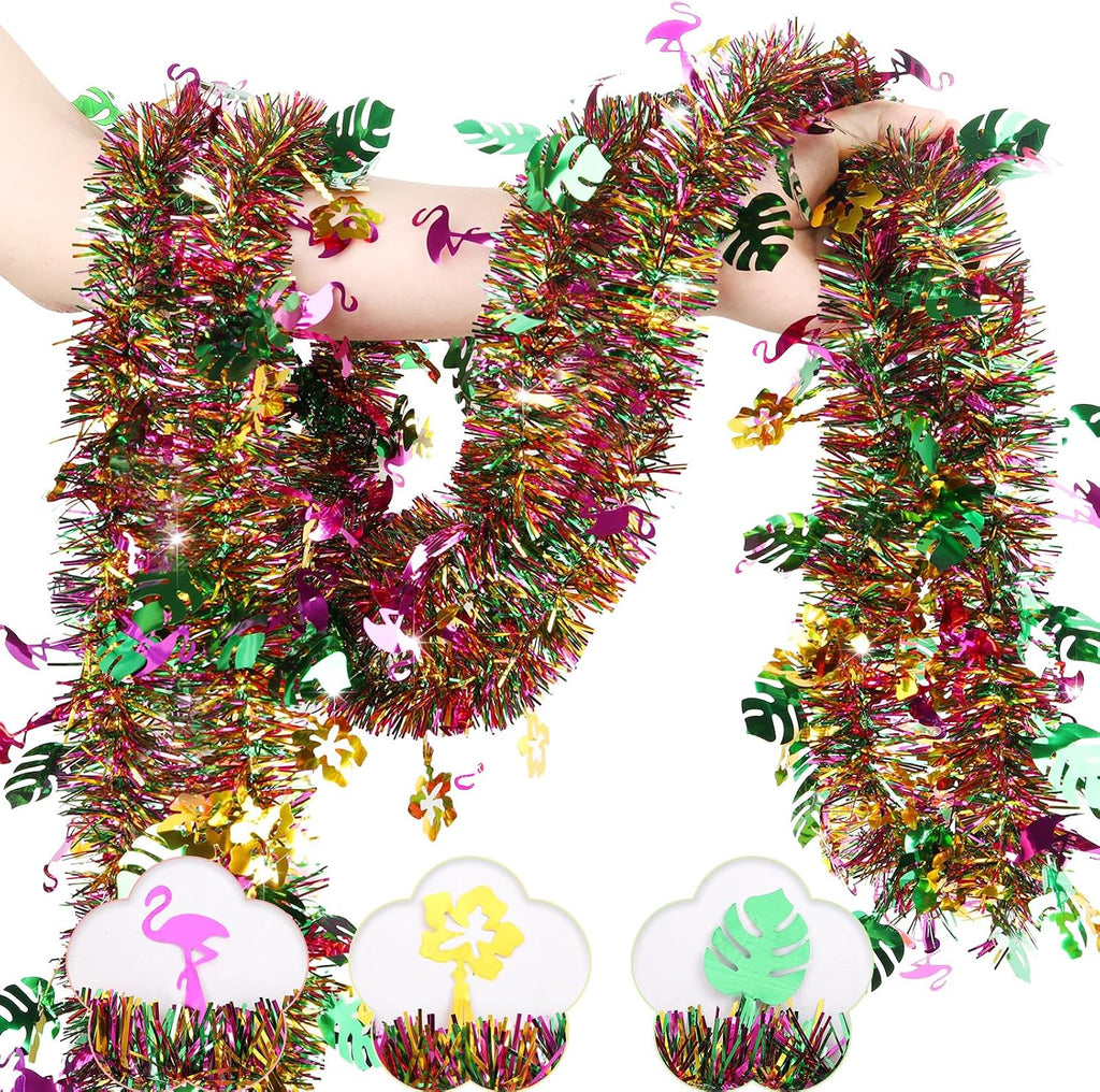 4Pcs Hawaiian Tinsel Garland Tropical Decorations for Hawaii Party Supplies | Glitter Tropical Summer Garland Decorations for Summer Garlands Hawaii Flower Banner Holiday Decor
