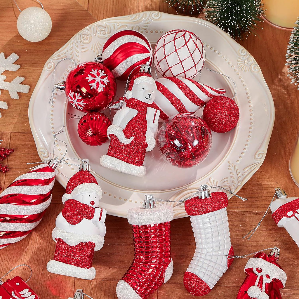 Alupssuc 112pcs Christmas Balls Ornaments Set, Shatterproof Plastic Baubles Christmas Penguin, Polar Bear for Xmas Tree Holiday Wedding Party Decorations with Hanging Strings, Red and White
