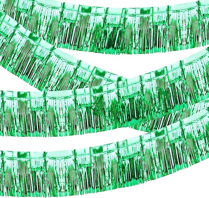 4 Pack Float Fringe Curtains, Metallic Foil Fringe Garland Shiny Tassel Foil Float Parade Float Decorations for Trailer Car Graduation Homecoming Outdoor Indoor St Patrick's Party (Green)