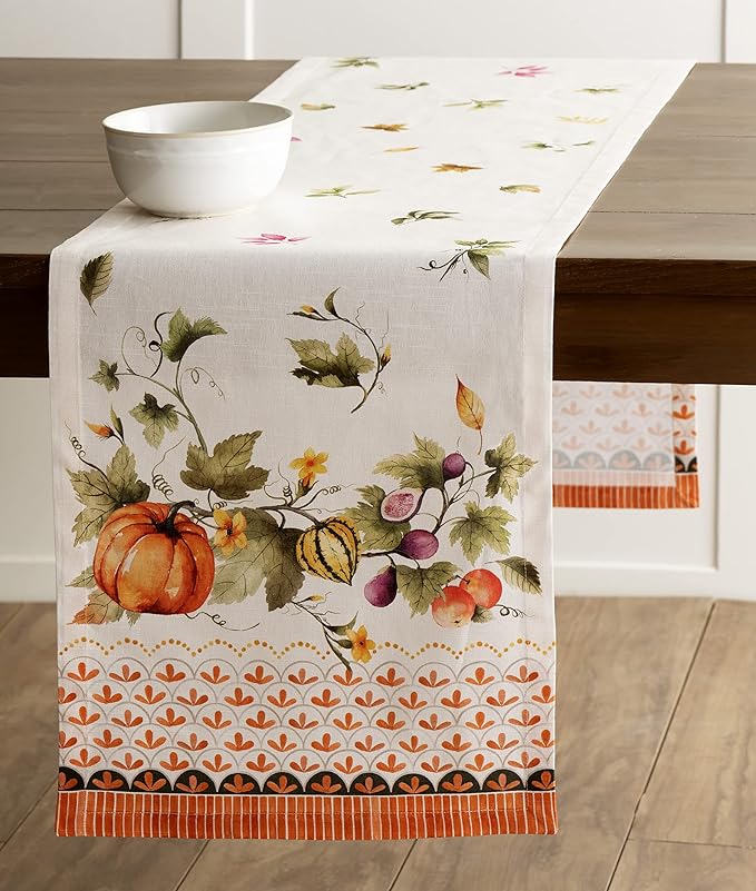 Maison d' Hermine Table Runner 100% Cotton Single Layer Table Runners 108 inches Long for Thanksgiving Christmas Decorations Home Kitchen Dining Wedding (Pumpkin Garden - Cloudy Cream, 14.5" x 108")