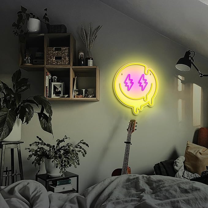 Melting Smile Face Neon Sign Dimmable Melted Smiling Face Neon Signs for Wall Decor Neon Smile Light Signs for Kids Room Party Bedroom Wall Art Decor USB Powered Holiday Gift