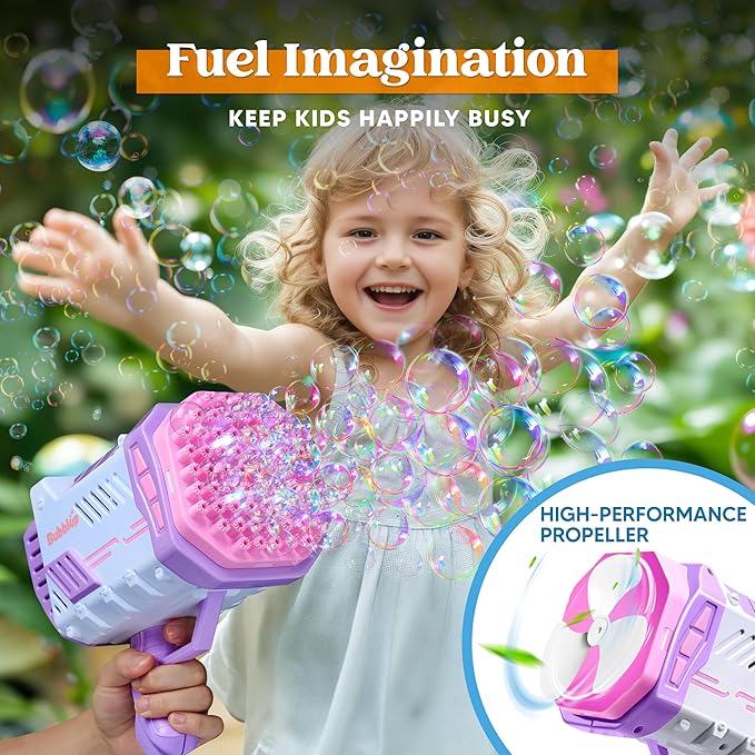 Sloosh Bubble Machine Gun W/Solution for Kids Ages 4-8, Light-Up Bazooka Rocket Shape Bubble Guns Blaster for Outdoor, Summer Toys Gifts, Party, Wedding, Easter
