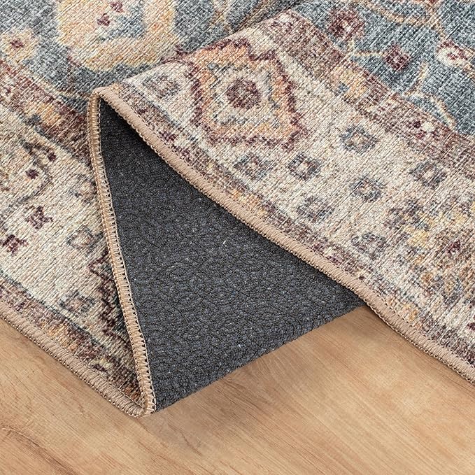 Bloom Rugs Washable Non-Slip 10 ft Runner - Beige/Blue Traditional Bordered Runner for Entryway, Hallway, Bathroom, and Kitchen - Exact Size: 2.5' x 10'