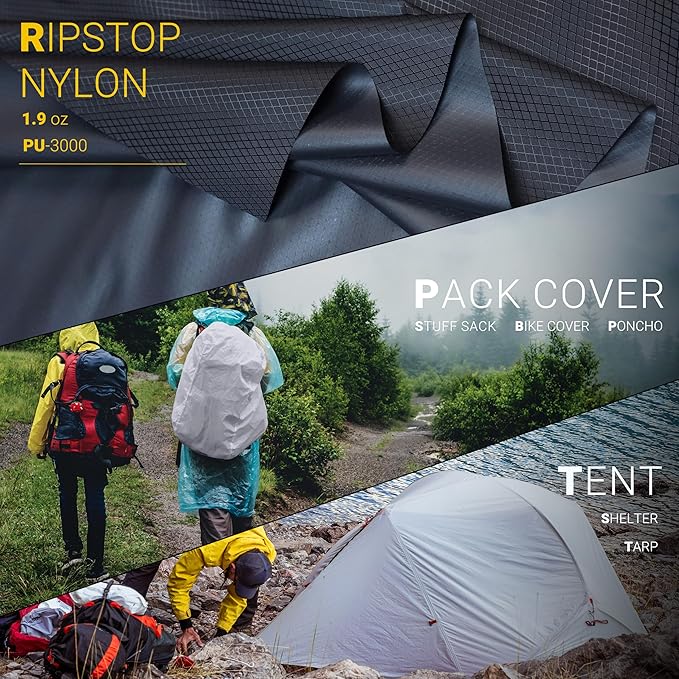 emma kites Black Ripstop Nylon PU3000 Waterproof 1.9 oz 70D Diamond Grid Tear Resistant for Tent Rainfly Rain Kilt Poncho Dry Bag Backpack Bike Cover (Selvedge Removed) Pre-Cut 3 Yard