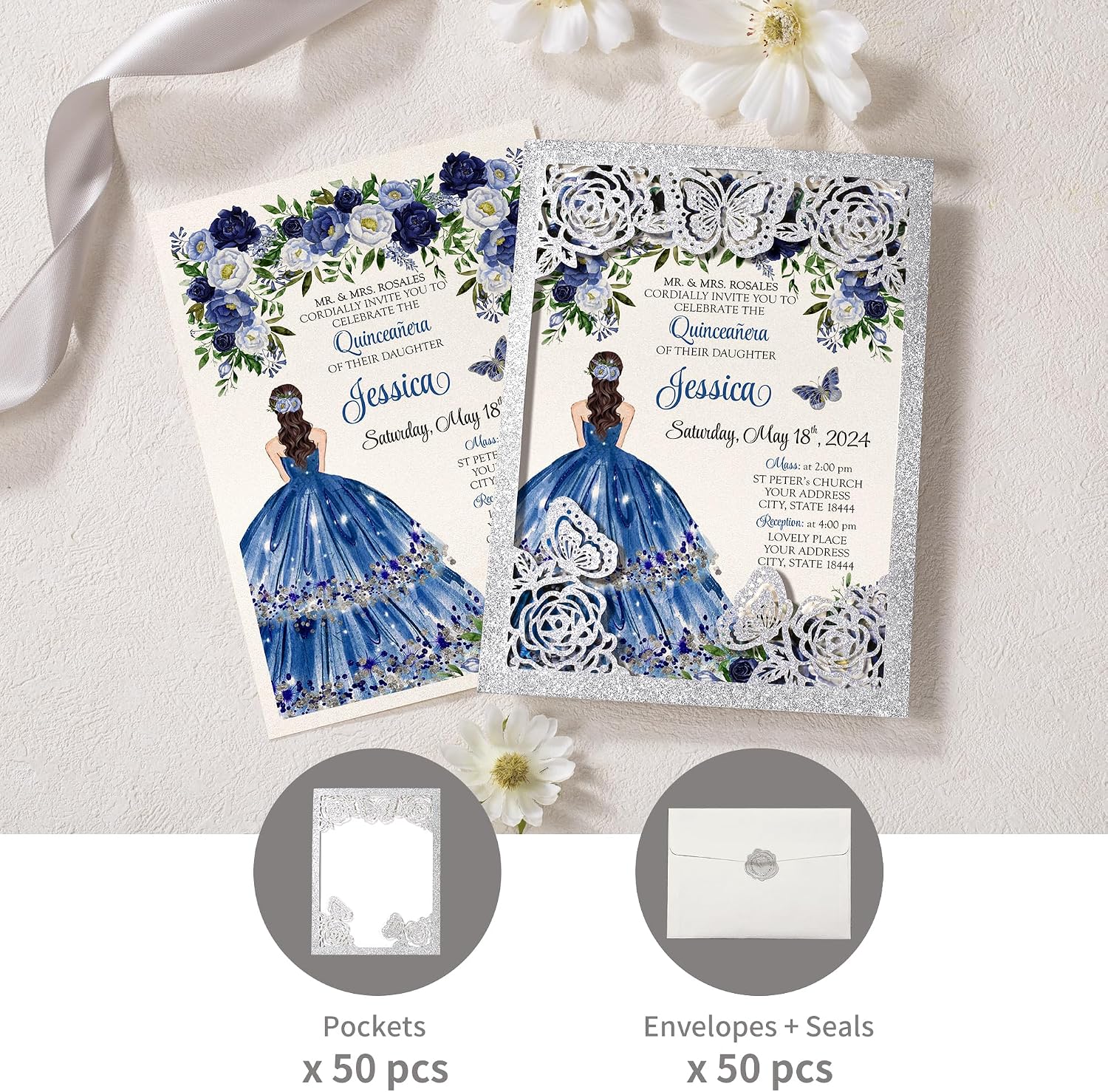 DORIS HOME 50Pcs Glitter Silver Butterfly Quinceanera Invitations, 5" x 7" | Laser Cut, For Quinceanera, Sweet 16, Miss XV, No Inserts Included