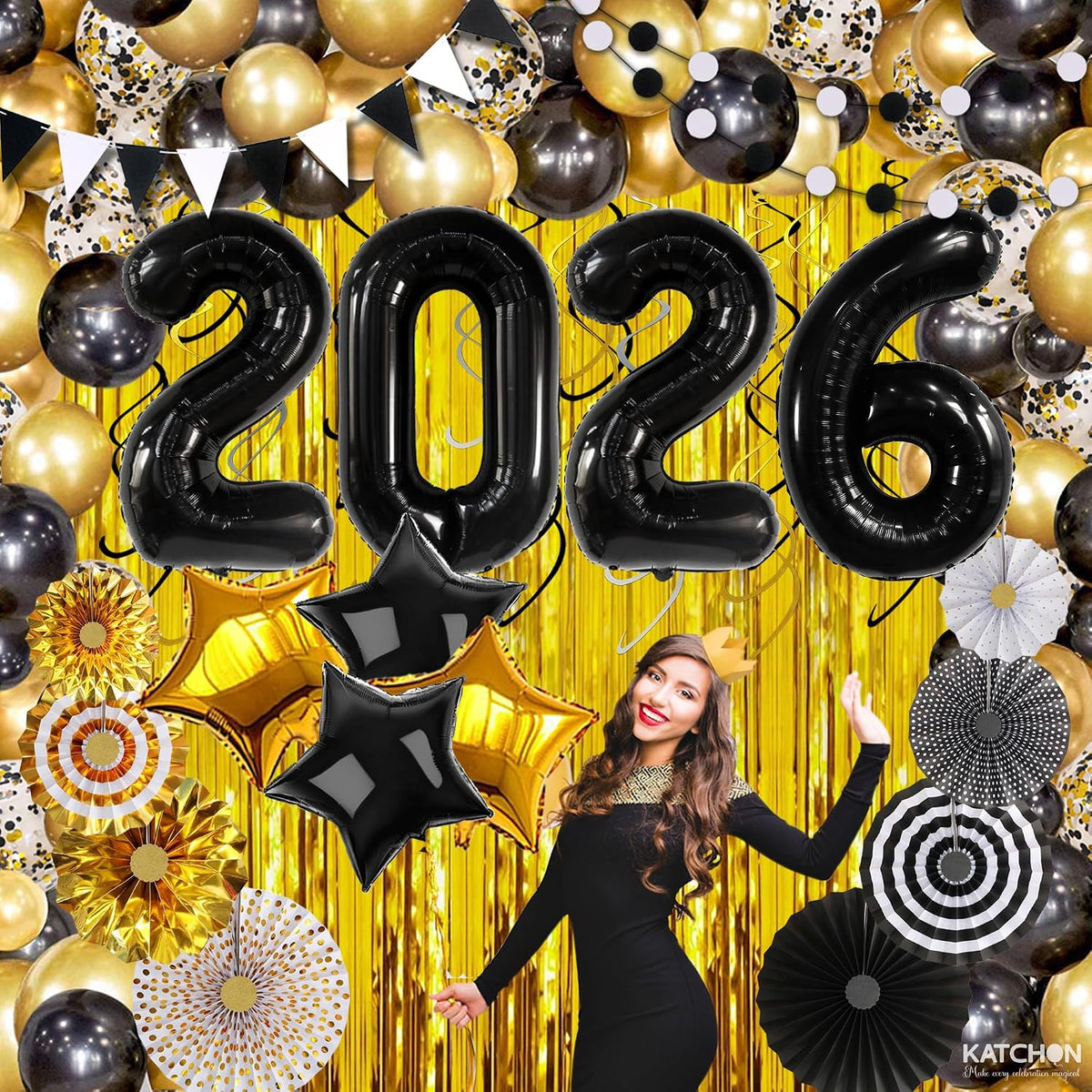 katchon happy new years decorations 2026 black and, front angle view
