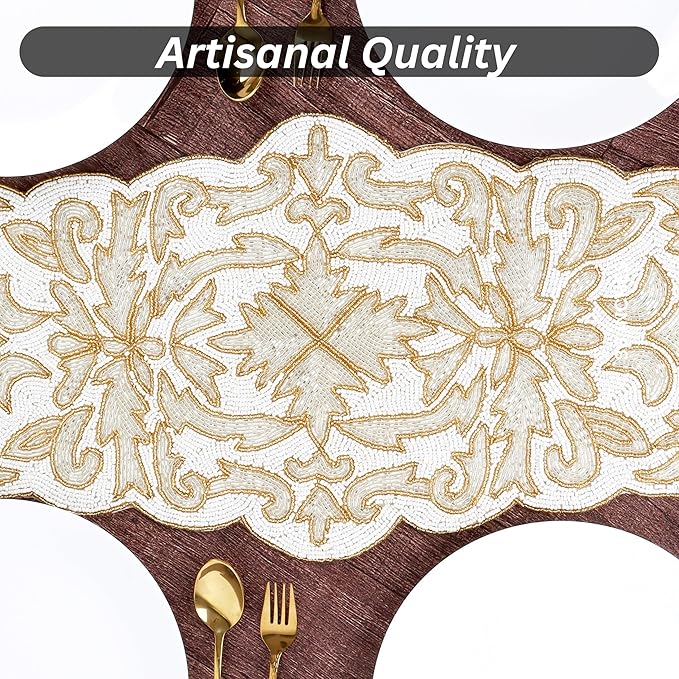 Beaded Table Runner 13 x 36 Inches - Elegant Dining Table Centerpiece with Glass Beads & Polyester Back, Handmade Decorative Runner for Weddings, Parties & Holiday Décor (White & Gold) - CLEENTABLE