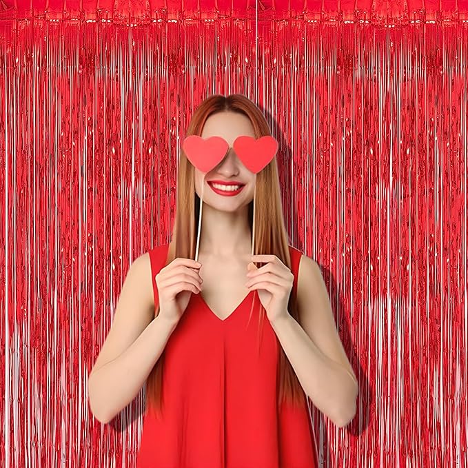 Foil Fringe Curtain Christmas Party Decorations - Red Metallic Tinsel Photo Booth Backdrop Party Steamers Curtains for Christmas New Years Valentines Engagement Celebration Party