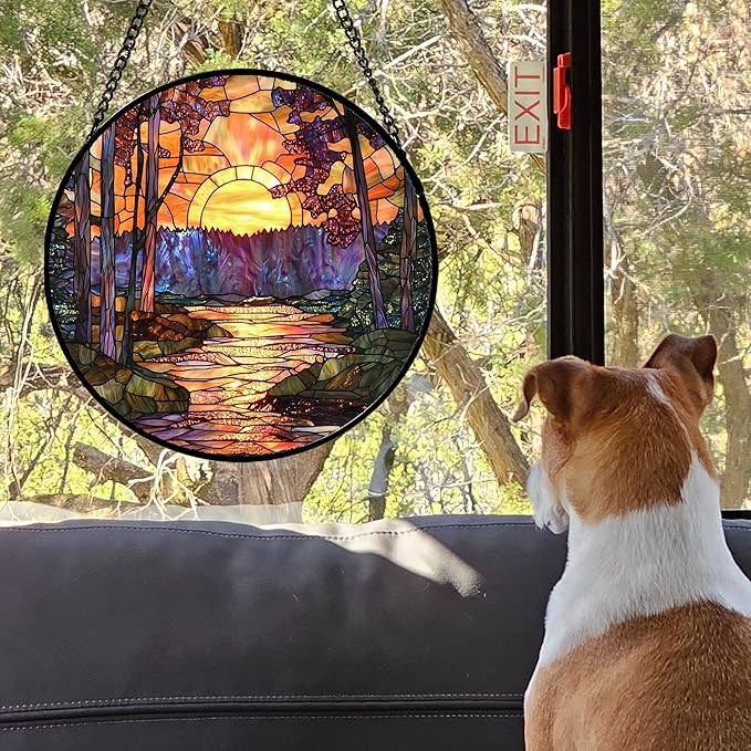 Stained Glass Window Hanging, Orange Landscape Green Purple Lake Forest Suncatcher for Doors Window Home Sun Catchers Decor Mother's Day Birthday Gifts for Women Men Mom 6.3 in