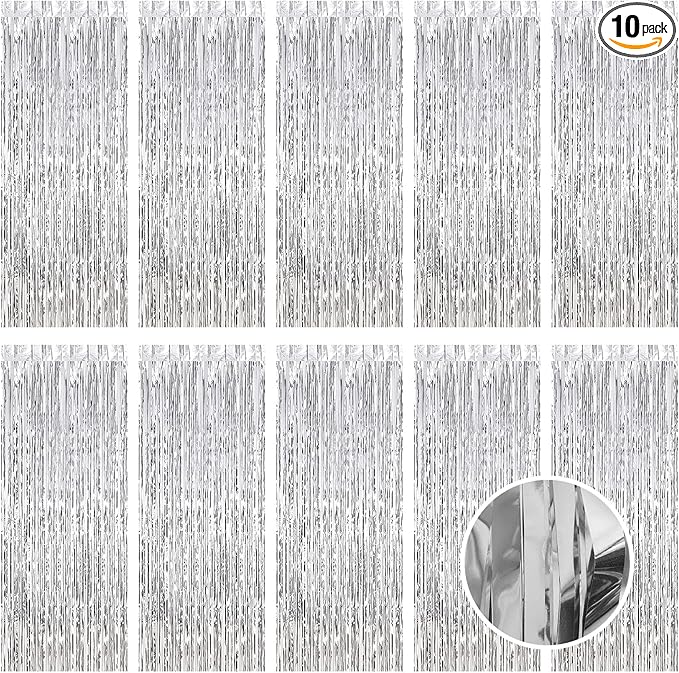 10 Pack Silver Foil Curtain Backdrop 3.2ft x 9.8ft Metallic Tinsel Foil Fringe Curtains Streamer Photo Booth Backdrop for Birthday Party Engagement Bachelorette Party Decorations (Silver)