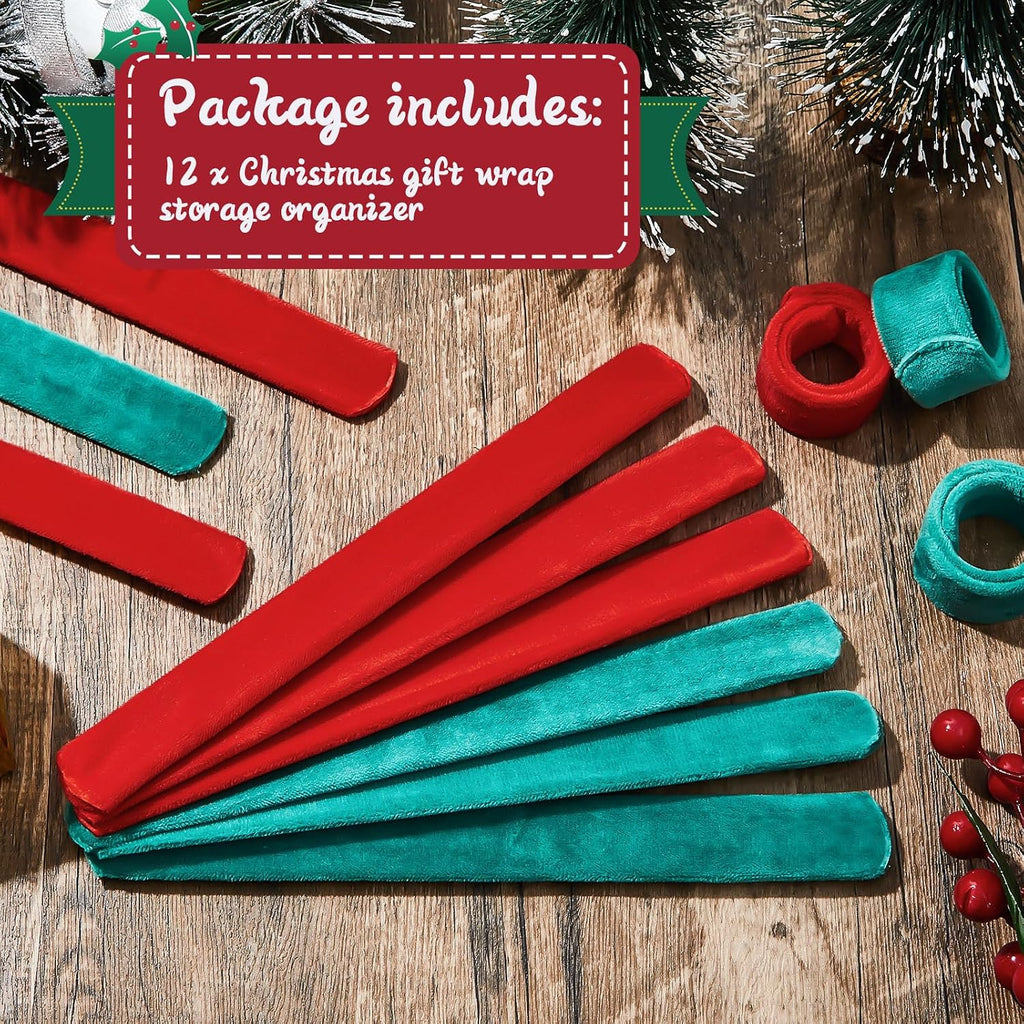 RoundFunny 12 Pcs Christmas Wrapping Paper Roll Holder Clips Red Dark Green Holiday Flip Wraps Clamps Plush Covered Metal 1 x 9 Inch Slap Band Poster Holder for Christmas Thanksgiving Gift Wrapping