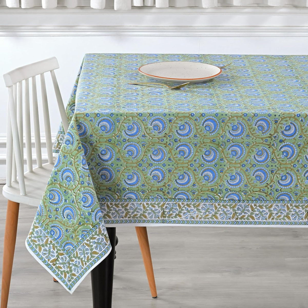 Ridhi Verdant Mist Hand Block Print Rectangle Tablecloth 90x60 Inch