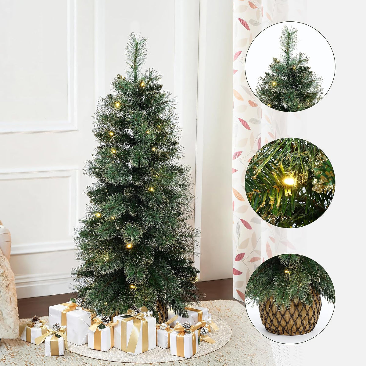 luxenhome 4ft small christmas tree, prelit slim potted shown in use