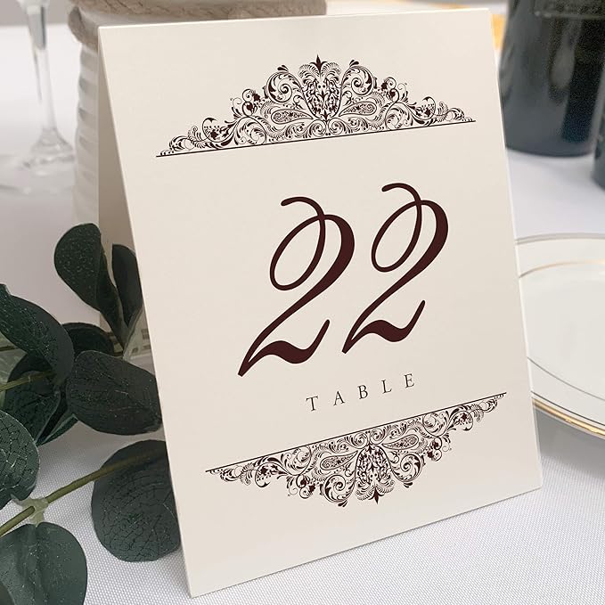Paisley Wedding Table Numbers (Select Color/Quantity), Champagne, Chocolate, 1-110, Double Sided, Tent or Use in a Stand, Great for Parties & Restaurants - Made in the USA