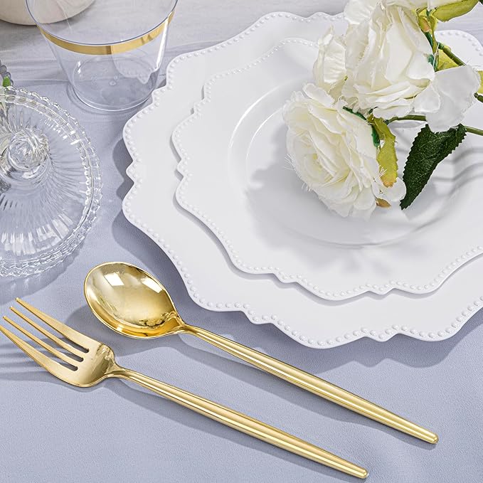 COLOSUS 350pcs White Plastic Plates Disposable Gold Cutlery Dinnerware set for party: 50 Dinner Plate, 50 Dessert Plate, 50 Per Rolled Napkins with Gold Silverware, 50 Cups 9 OZ for Wedding & Party
