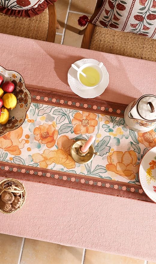 Designer Vintage Orange Floral Small Table Runner,French Farmhouse Soft Linen Coffee Table Runners 63 Inches Long,Decor Tabletop for Kitchen,Dining,Party,Home,Christmas,12"*63"