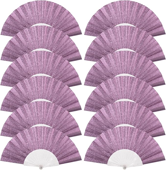 12 Pack Handheld Fan,Folding Hand Glitter Fan with Shining Transparent Fan Rib – Ideal for Wedding, Church, Festival, Dance, Tea Party, Club, and EDM Accessories, Purple