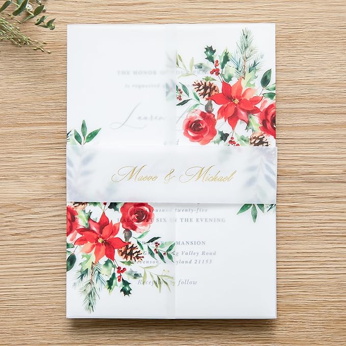 PONATIA 50 PCS 135gsm Vellum Jackets for 5x7 Wedding Invitation Cards- Christmas Red Floral Printed Vellum Sleeves, Invitation Cards Wraps, Christmas Cards Jackets