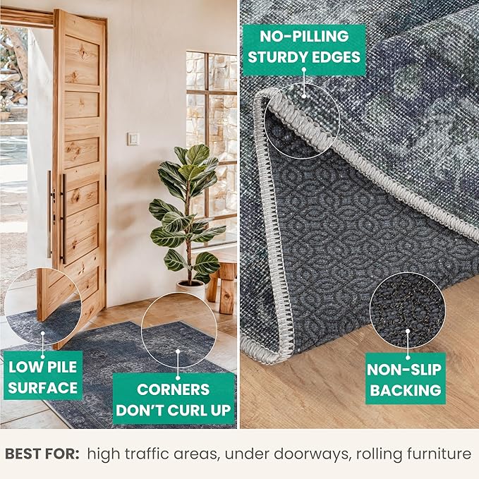 Bloom Rugs Washable Non-Slip 9' x 12' Rug - Dark Teal Traditional Medallion Area Rug for Living Room, Bedroom, Dining Room, and Kitchen - Exact Size: 9' x 12'