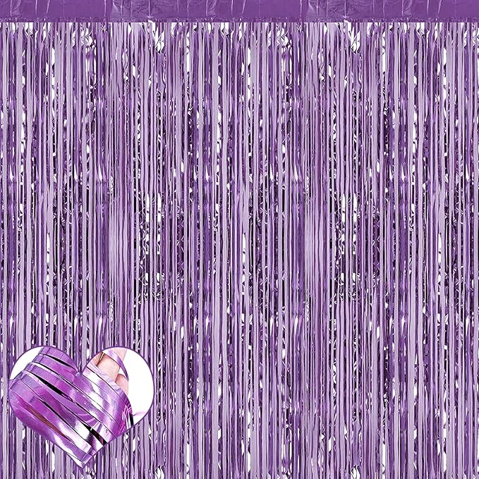 4 Pack Light Purple Fringe Curtain Backdrop, 3.2Ft x 6.6Ft Metallic Tinsel Foil Fringe Streamers Curtains Background for Photo Booth Birthday Baby Shower Party Thanksgiving Christmas Decorations