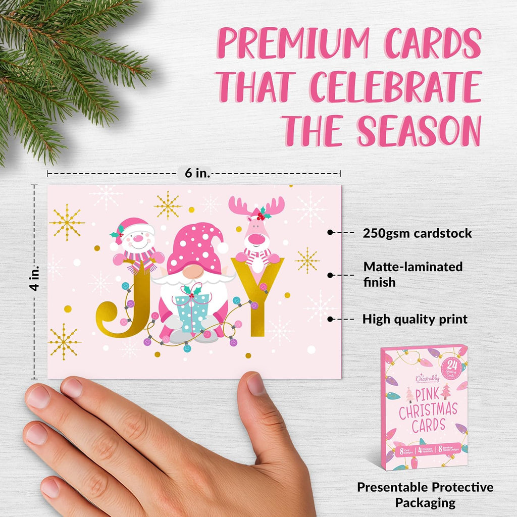 Decorably 24 Pack Foiled 6x4in Pink Christmas Cards with Envelopes and Stickers, 8 Elegant Holiday Designs Seasons Greetings for Family, Friends & Loved Ones with Printed Message, Gifting, Mailing