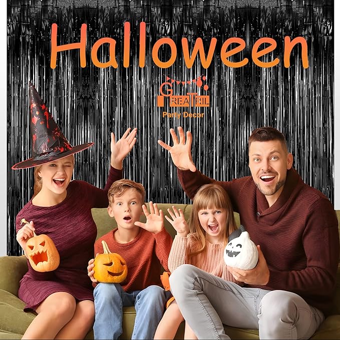 Black Tinsel Backdrop Curtain - GREATRIL Tinsel Curtain Party Backdrop Streamers for Wizard Birthdays/Stranger Theme/Doorway/Halloween Decorations Party - 2 Packs
