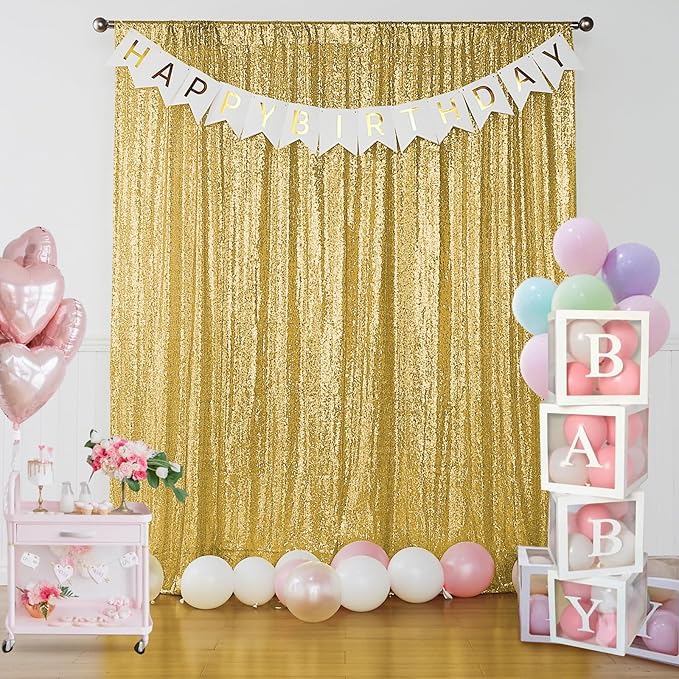 Sugargirl Gold Sequin Backdrop Curtain 2 Panels 2FTx8FT Glitter Gold Background Drapes Sparkle Photography Backdrop for Party Wedding Birthday Wall Decoration