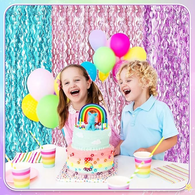 Jutom 6 Pieces 3.3 x 6.6 ft Wavy Tinsel Foil Fringe Curtains Foil Fringe Streamer Backdrop Party Curtain for Sea Mermaid Baby Shower Birthday Party Decoration(Purple, Pink, Blue Green)