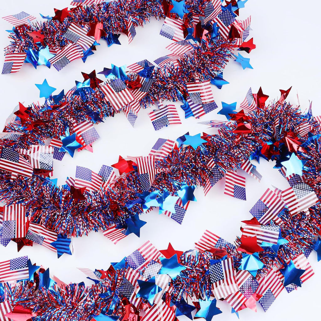 50FT Fourth of July Decorations Red White Blue Star American Flag Tinsel Garland, Glitter Patriotic Garland for Independence Day Memorial Day Decor Indoor Outdoor Patriotic Decor Party Home Classroom