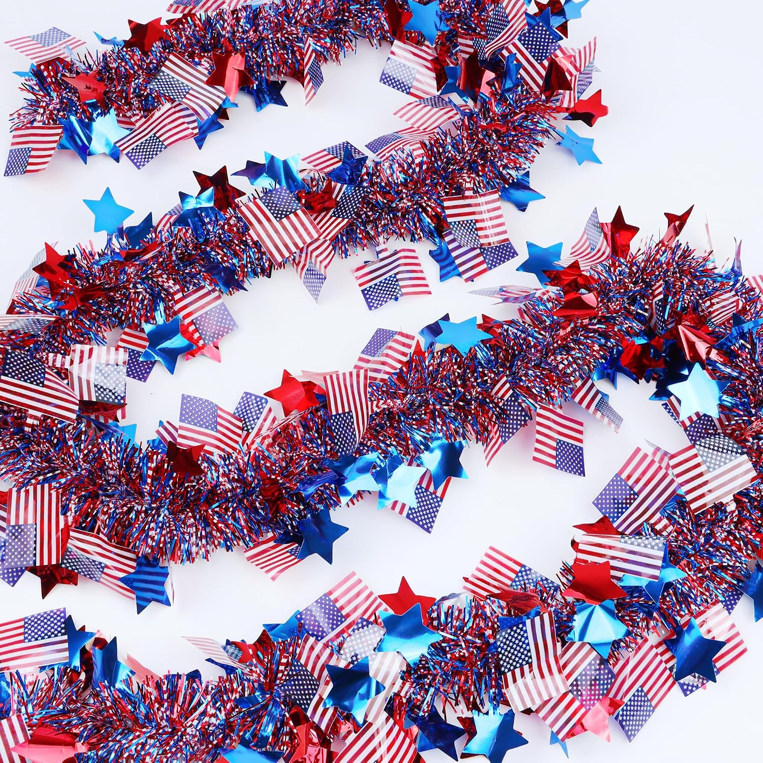 50FT Fourth of July Decorations Red White Blue Star American Flag Tinsel Garland, Glitter Patriotic Garland for Independence Day Memorial Day Decor Indoor Outdoor Patriotic Decor Party Home Classroom