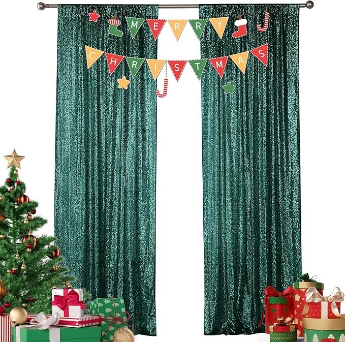 Sugargirl Dark Green Sequin Backdrop Curtain 2 Panels 2FTx8FT Glitter Dark Green Background Drapes Sparkle Photography Backdrop for Party Wedding Birthday Wall Decoration