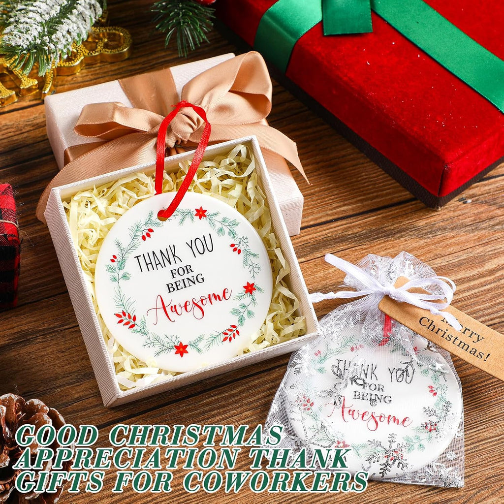 Barydat 36 Set Ceramic Christmas Appreciation Gifts for Coworkers, Thank You Ceramic Ornaments Xmas Tree Hanging Ornaments with Tags and Bag for Coworker Office Friendship Xmas Tree Decor (Wreath)