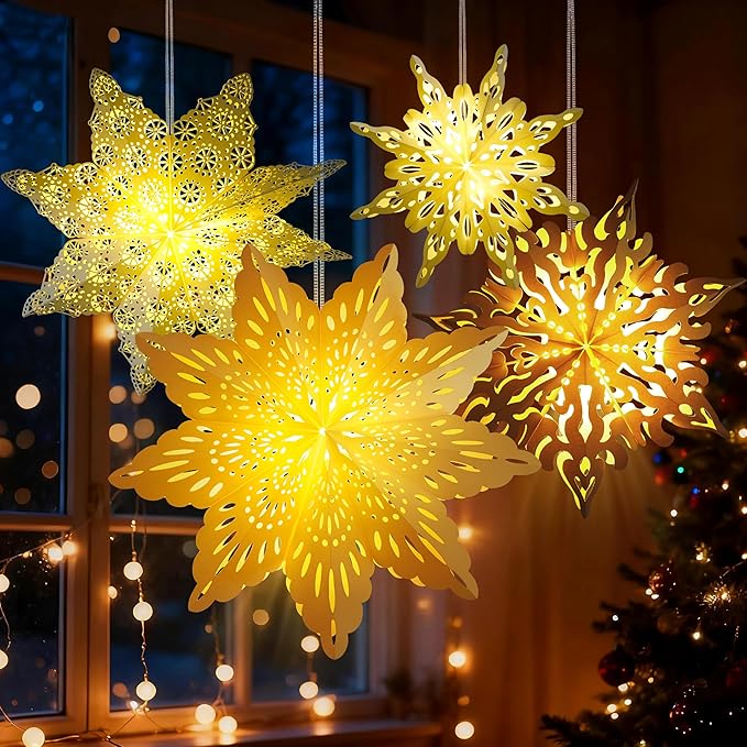 5Pcs Christmas Paper Snowflake Lanterns, Large Christmas Paper Star Lanterns with LED Lights White Beige Khaki Hanging Snowflake Lamps for Xmas Winter Frozen Wedding Birthday Holiday Party Decorations