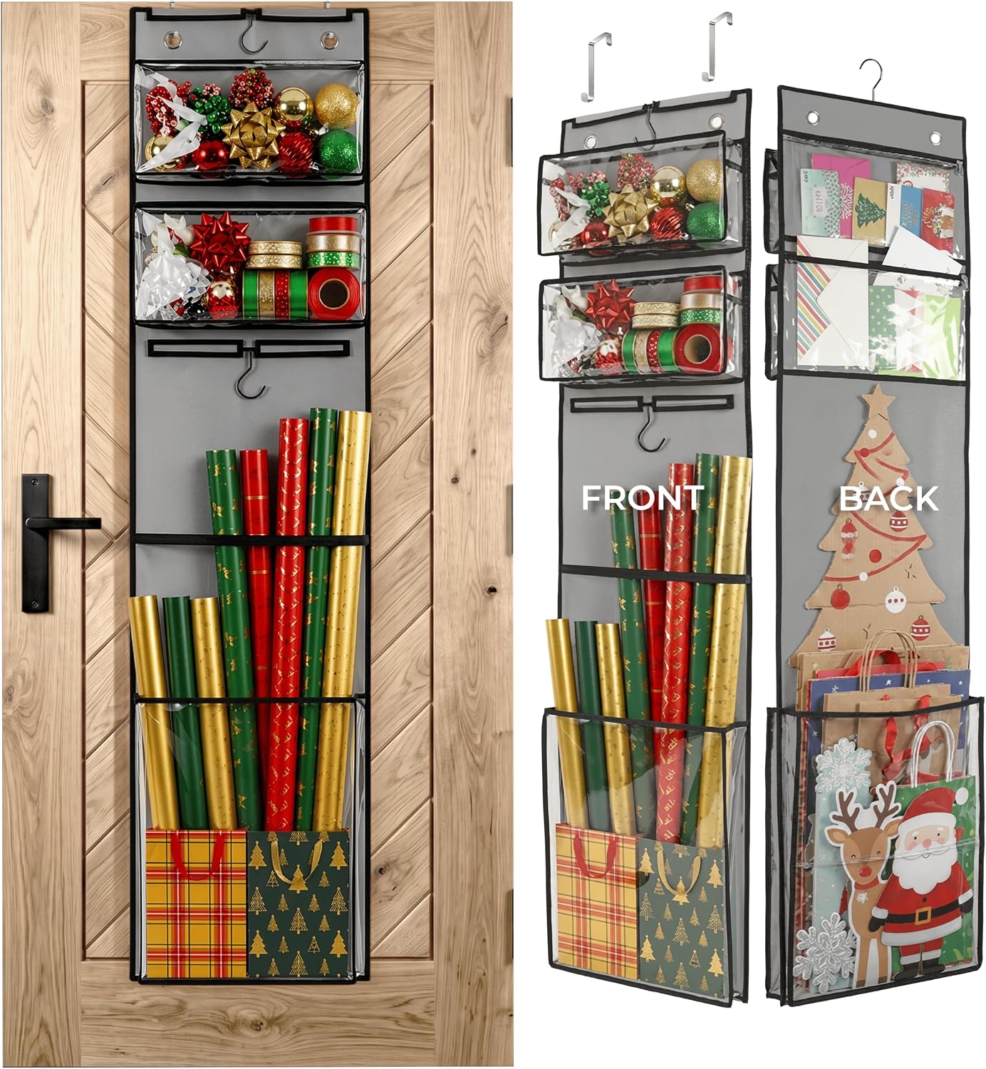 Hanging Wrapping Paper Organizer 63", Over-the-Door Gift Bag & Wrap Storage | Vertical Gift Wrap Holder with 4 Zipper Bags, Transparent Pockets & Hooks – Gift Paper Rolls, Ribbons & Accessories Storage