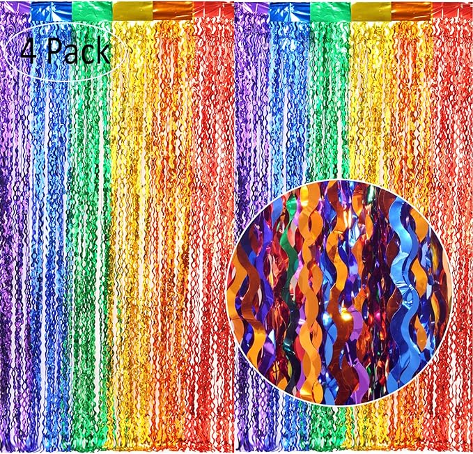 4 Pack Wavy Rainbow Foil Fringe Curtains - Colorful Party Decorations 3.3x6.6ft Tinsel Metallic Streamers Holiday Photo Booth Props Backdrop for Birthday Wedding Engagement